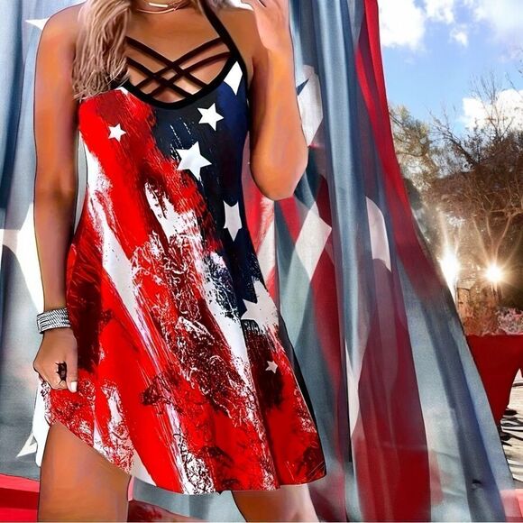 Dresses & Skirts - Patriotic Set l Sundress & Mesh Earrings l Criss-Cross Design l OX l New